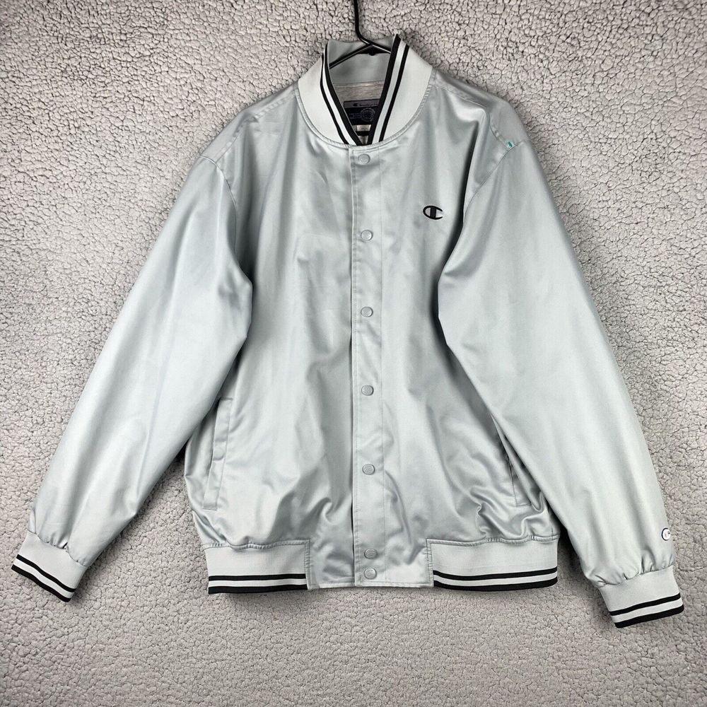 Champion Varsity Track Jacket SpellOut Retro Vintage Gray Silver Mens size large